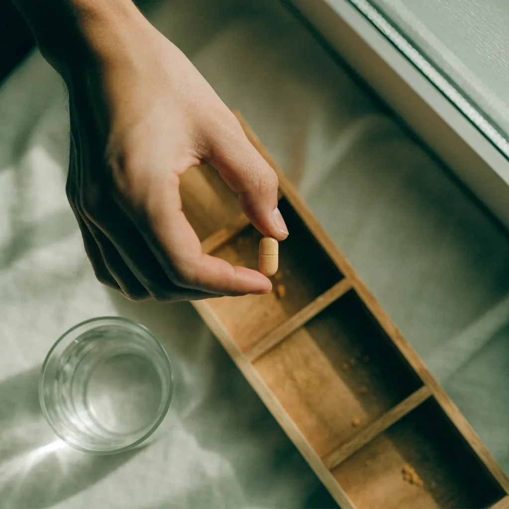 A small wooden dish divided into daily compartments on pale paper, a few caplets resting in two sections beside a glass of water