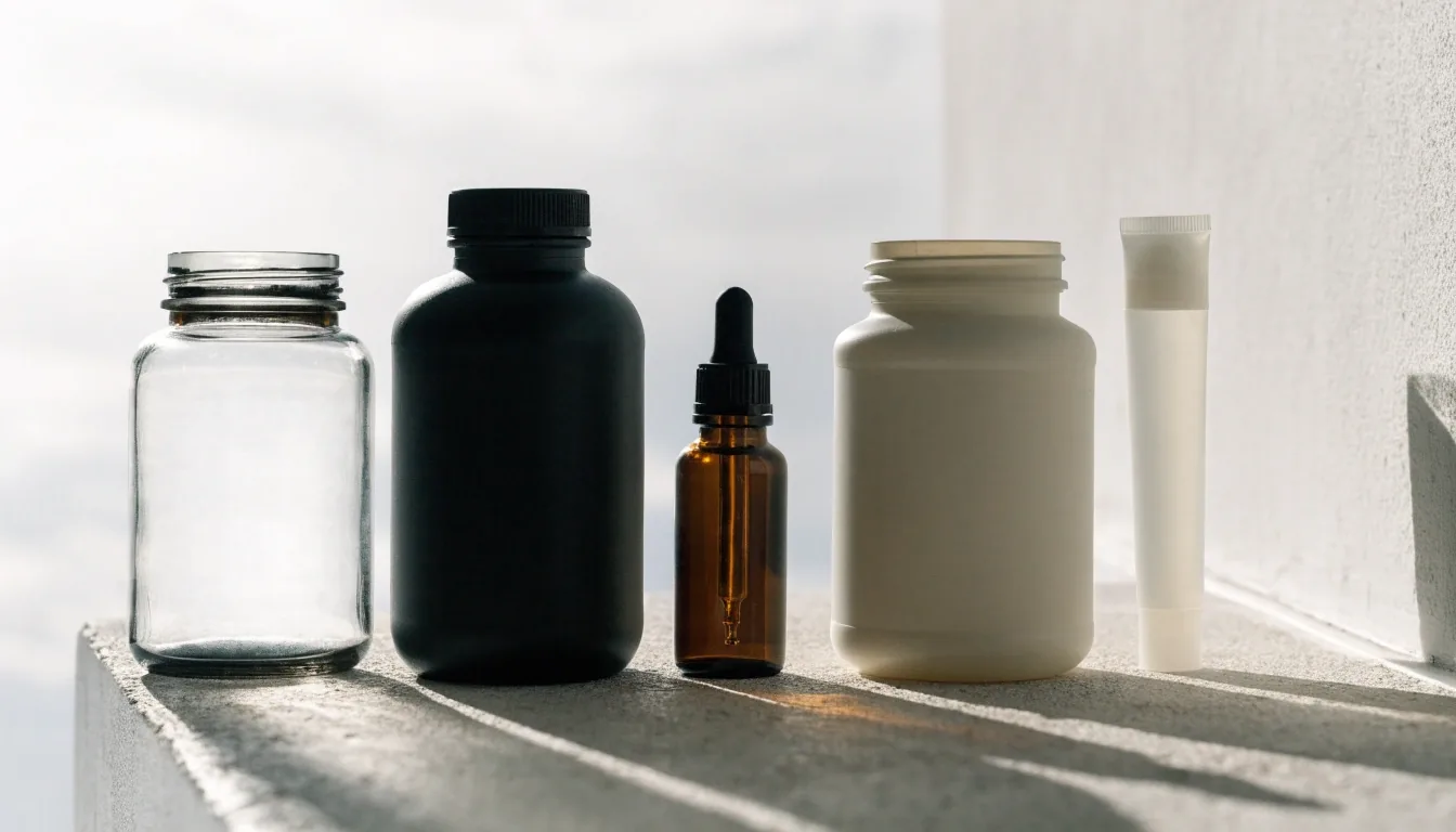 A row of five supplement bottles of different formats against a bright pale wall at the same scale