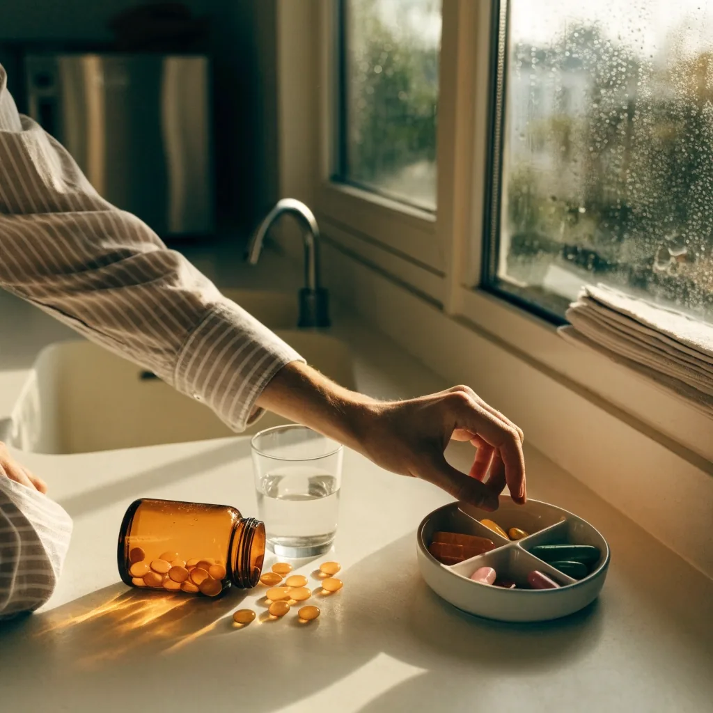 Hands at a bright breakfast counter reaching toward a dish of daily supplement compartments beside a water glass