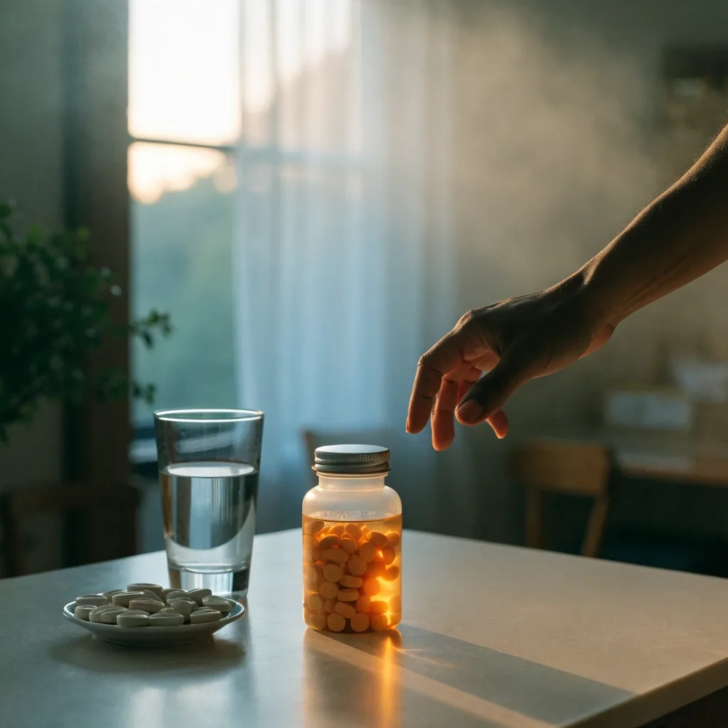 A man's hand reaching for a daily vitamin bottle at a morning kitchen counter