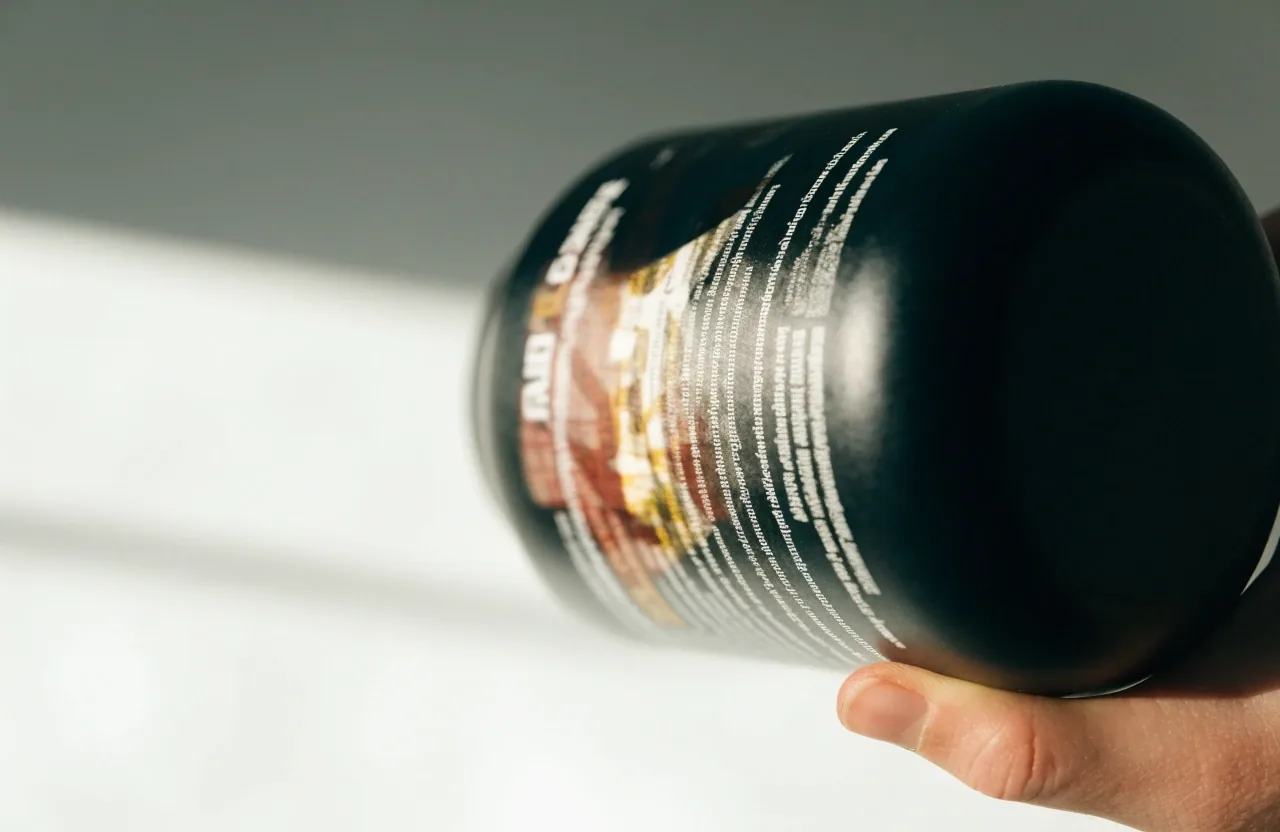Back of a daily vitamin bottle cropped as a physical object with its printed panel visible but not legible