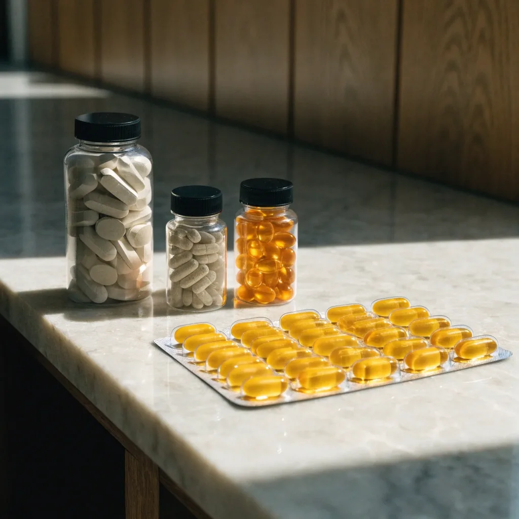 Four men's daily formula formats — tablet bottle, caplet bottle, capsule bottle and a monthly pack — lined up side by side on a bright counter