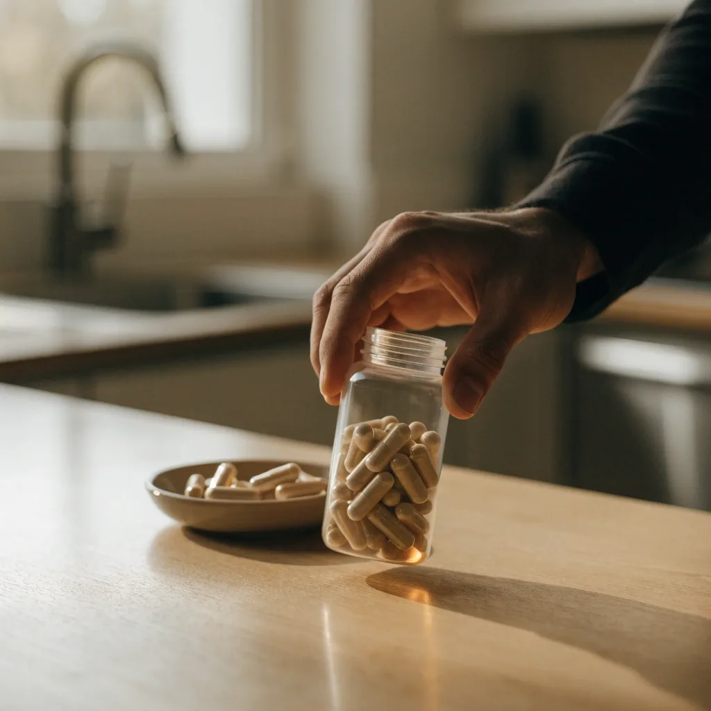 Four daily vitamin bottle silhouettes on a bright kitchen shelf with a small dish of capsules in front