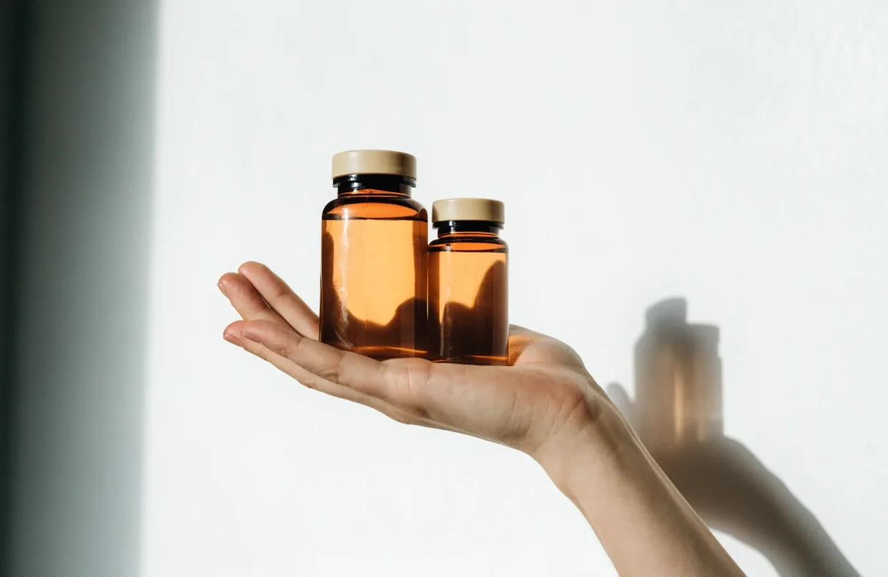 A row of unbranded supplement bottles of different heights against a plain bright wall