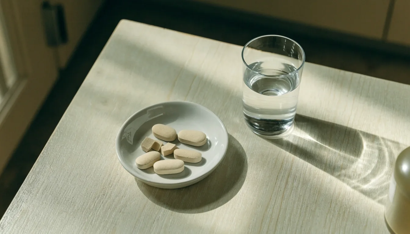 A pale countertop beside a kitchen window with a water glass and the edge of a supplement bottle