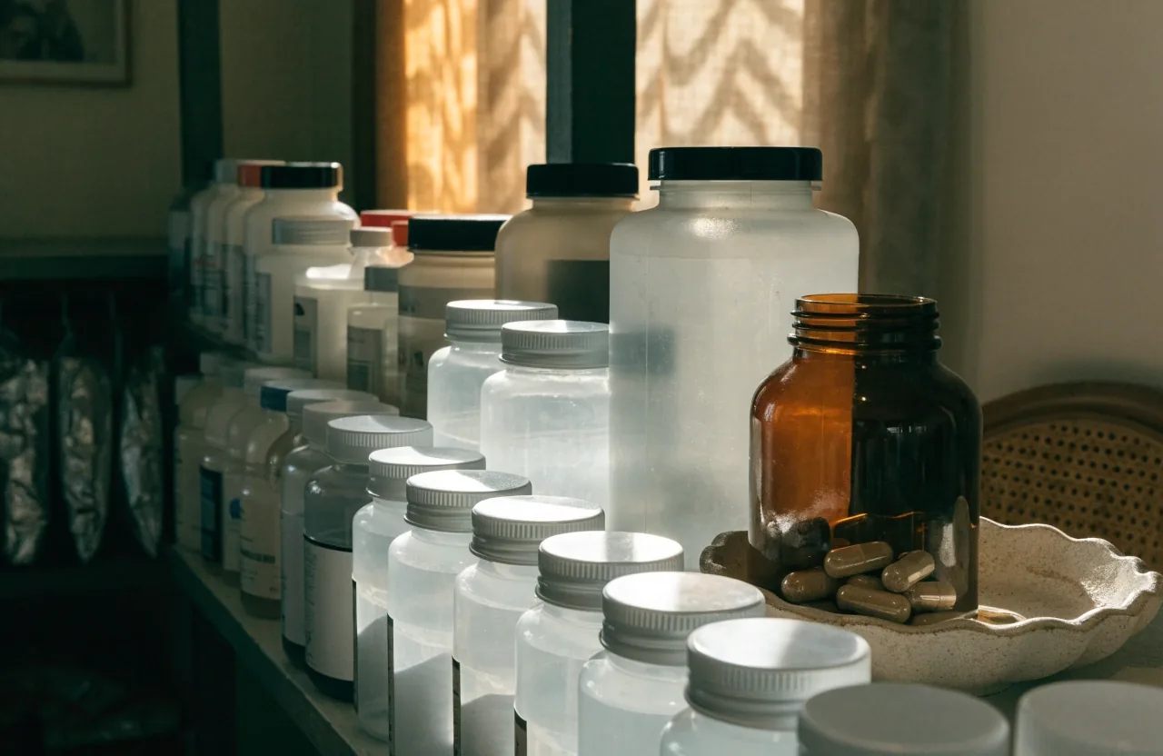 Supplement bottles and a counted row of capsules on a pale kitchen counter in daylight