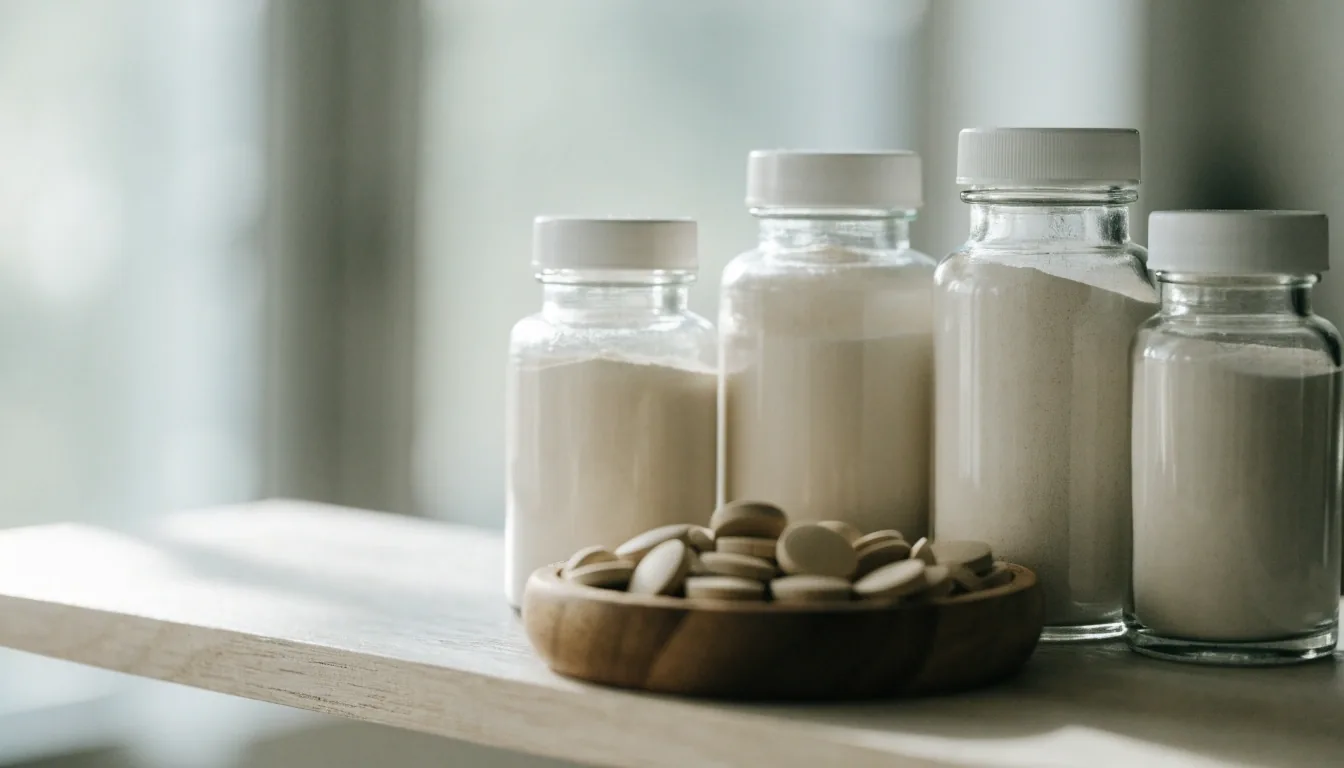 A row of unlabelled supplement bottles on a bright kitchen shelf beside a dish of counted caplets