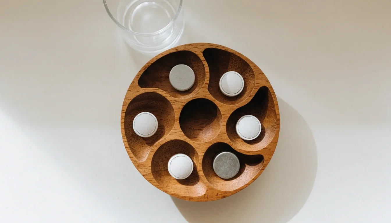A wooden daily-compartment dish on a pale counter with counted capsules and a water glass in daylight