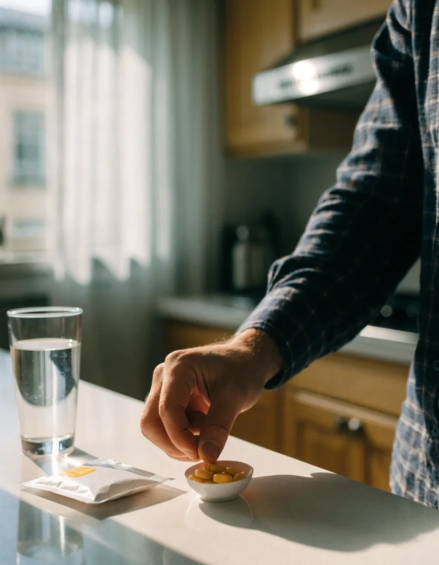A man's hand reaching for a daily vitamin pack on a bright breakfast counter beside a water glass