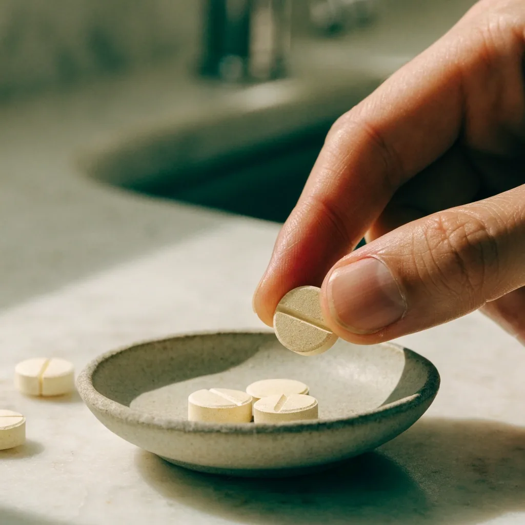 A daily vitamin caplet on a pale dish with two more caplets arranged in a loose row