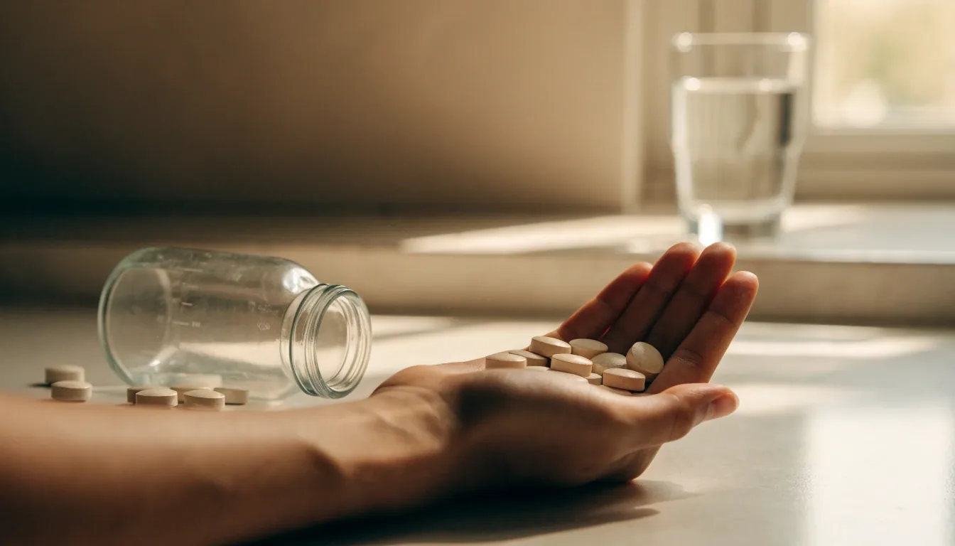Men's multivitamin caplets and a clear capsule spilling from an open bottle on a pale bright surface