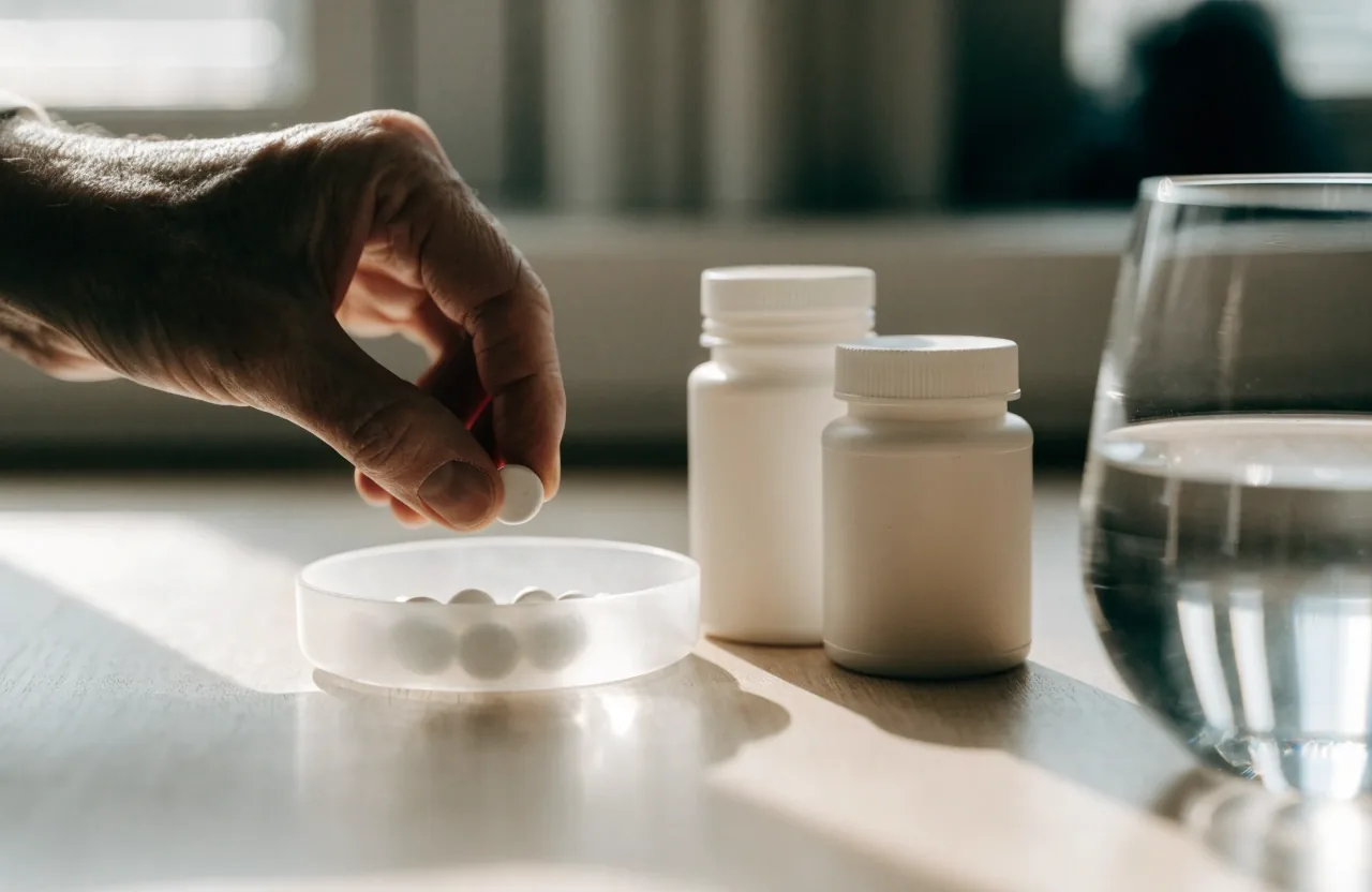 Two unbranded vitamin bottle silhouettes side by side on a pale counter beside a glass of water