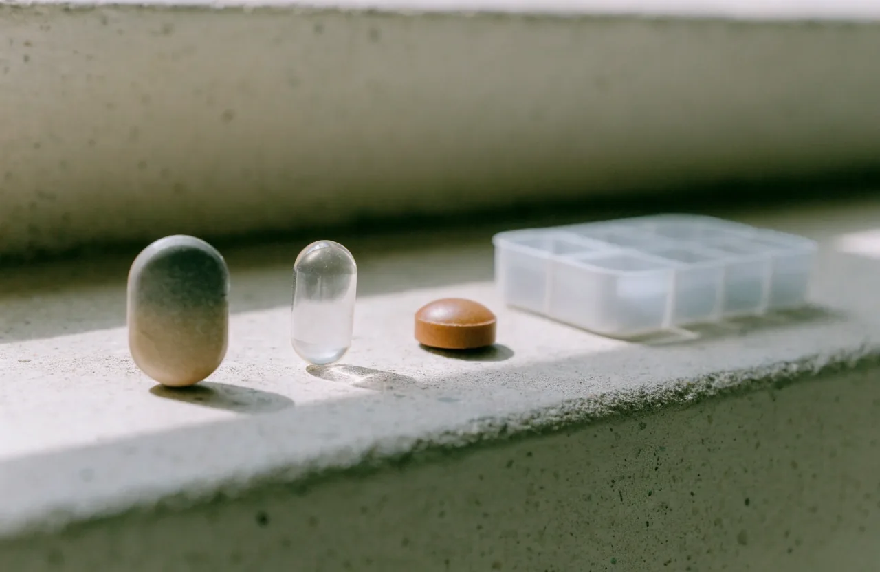 A caplet, capsule, gummy, and daily compartment tray lined up on a pale studio wall
