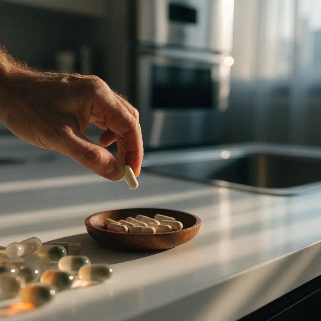 A daily caplet held above a wooden dish of counted caplets in cool daylight