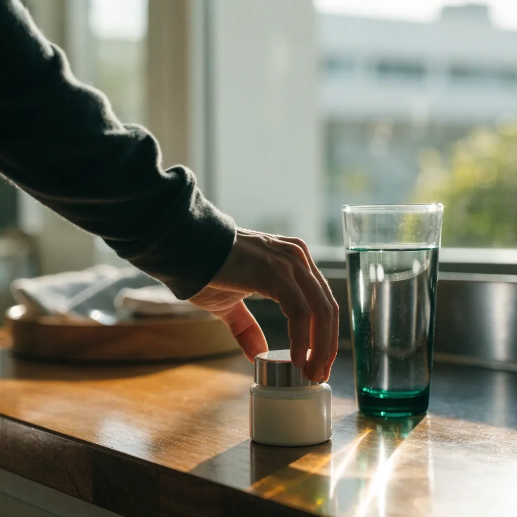 A hand setting a daily formula bottle on a bright breakfast counter beside a water glass