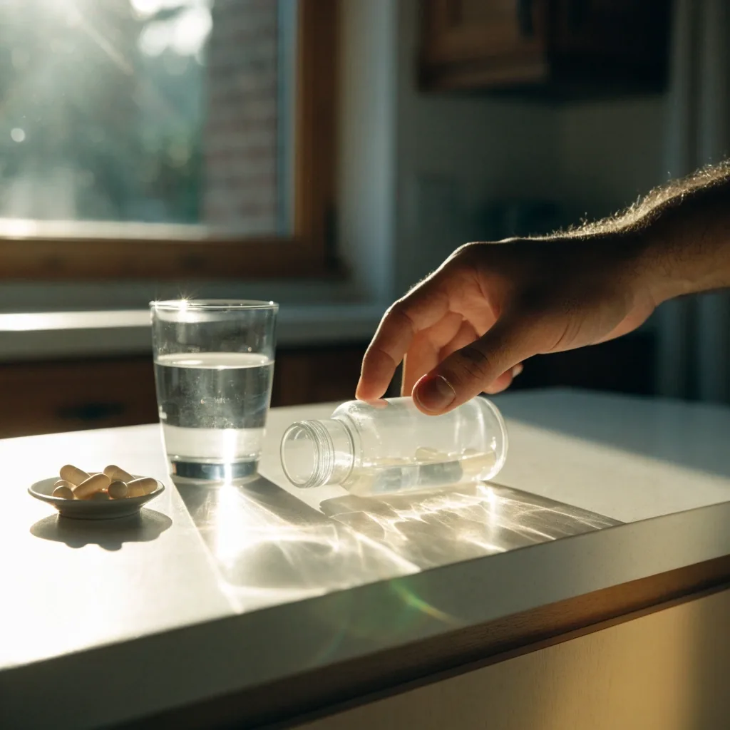 A row of unmarked supplement bottles on a pale review desk beside a glass of water