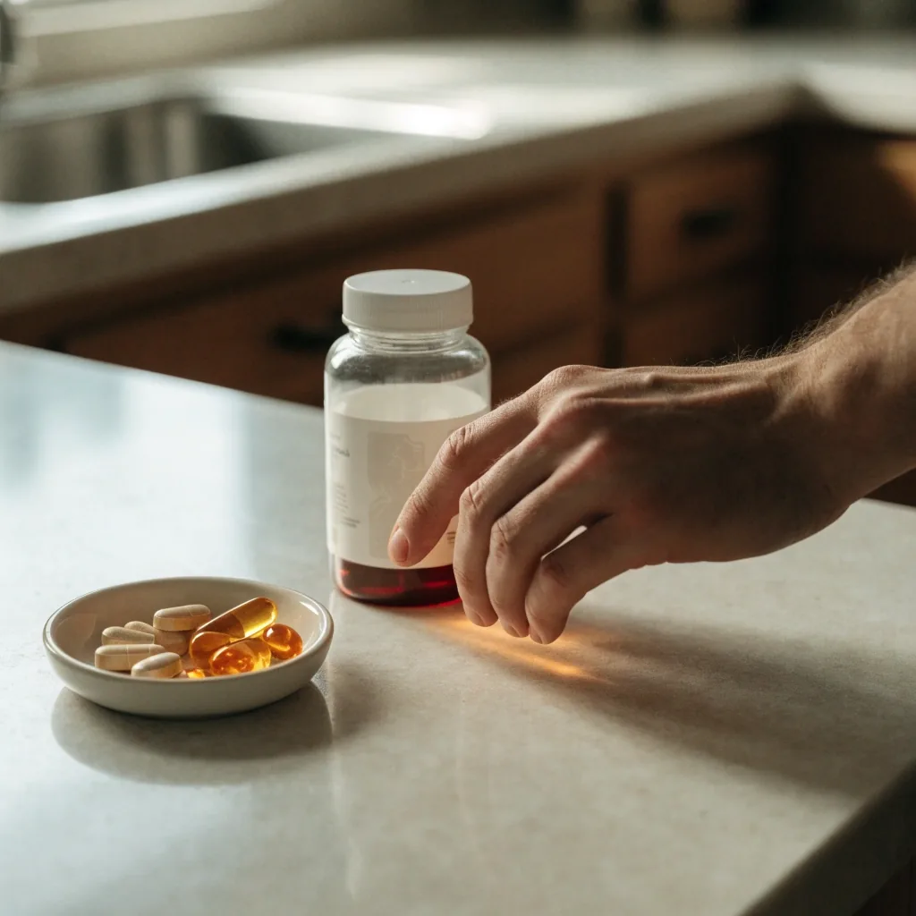 Caplets and capsules spilled from an open daily formula bottle on a pale studio surface