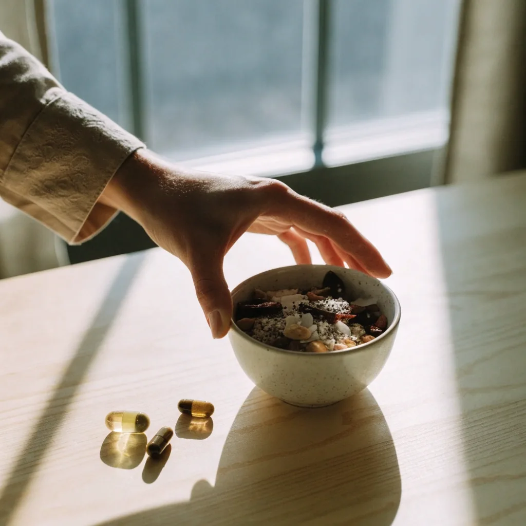 A pale breakfast counter with a small bowl of seeds and one hand reaching toward it in morning light