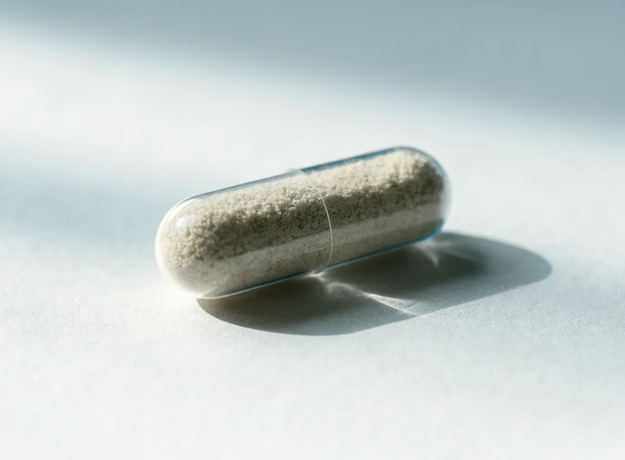 A single clear two-piece capsule resting on pale paper in soft daylight