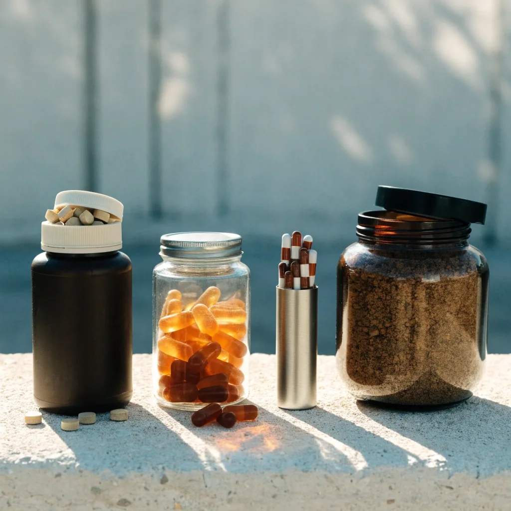 Four unbranded supplement containers of different formats standing in a row against a bright wall