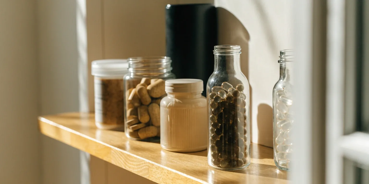 Four differently shaped supplement containers lined up on a shelf in bright daylight
