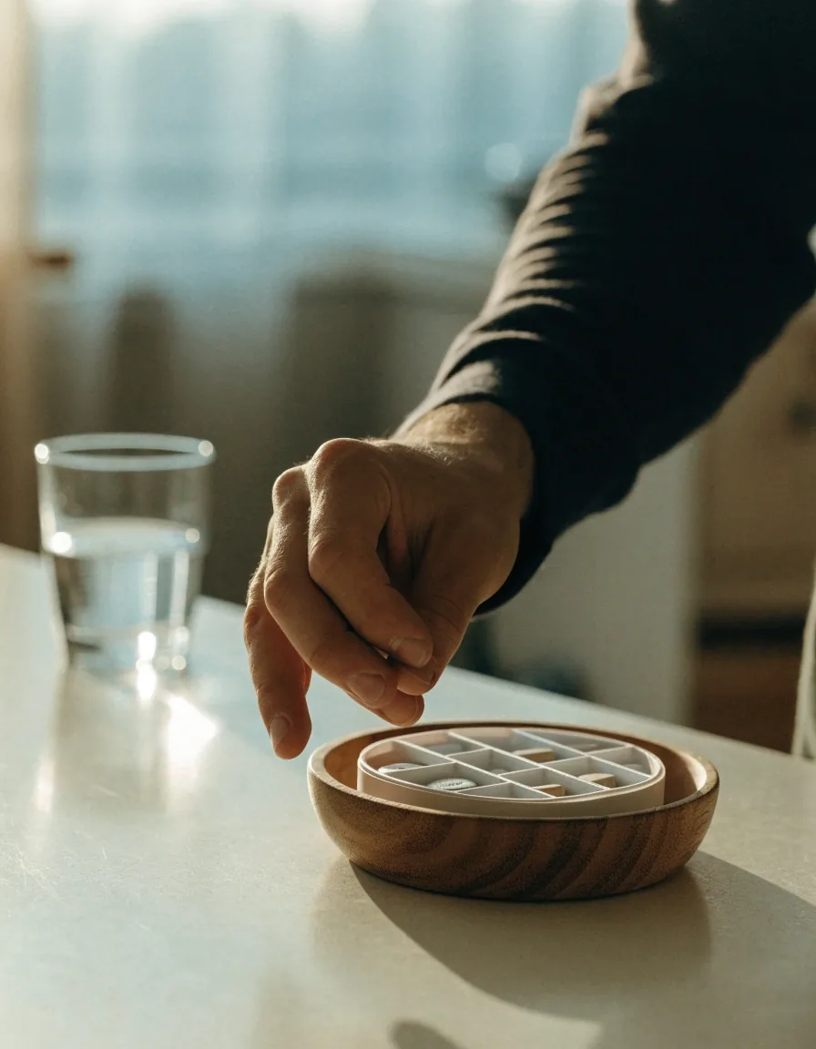 A hand reaching across a breakfast counter toward a small dish of daily compartments