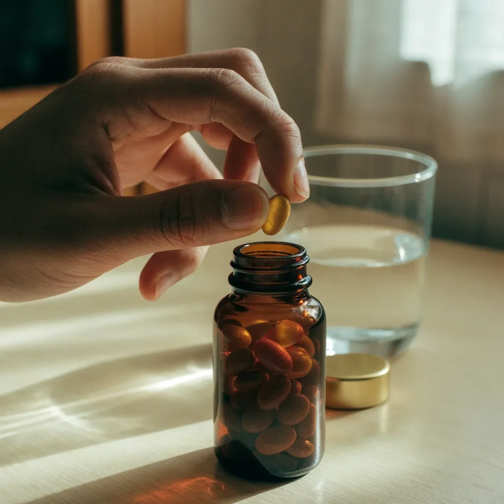 A man's open palm holding a single daily tablet near a kitchen window