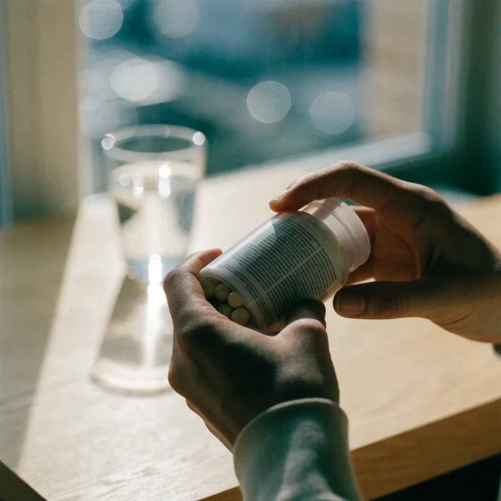 Close crop of the back of a supplement bottle with an illegible printed panel