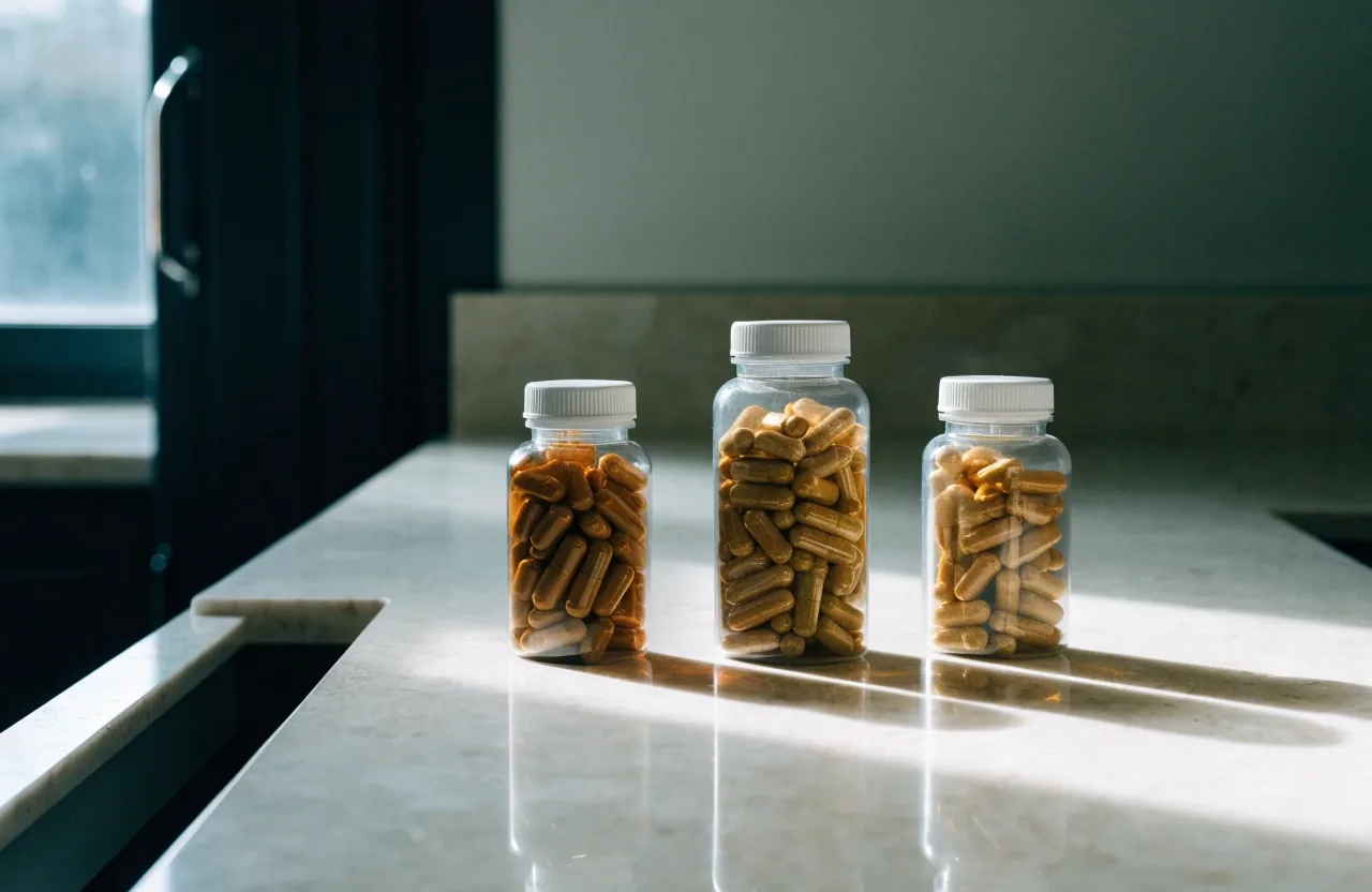 Three daily formula bottles of different sizes in a row on a bright counter