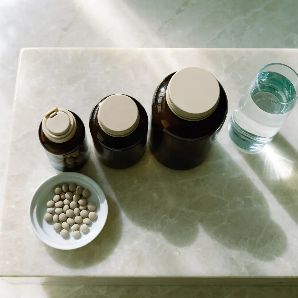 Unbranded supplement bottles and a small dish of caplets on a pale counter in daylight